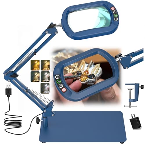 Veemagni 12X Rectangle Magnifying Glass with Light and Stand, 5 Color Modes Stepless Dimmable, 2-in-1 LED Lighted Desk Lamp & Clamp, Hands Free Magnifier for Reading Crafts Painting Close Work - Blue - color: Blue