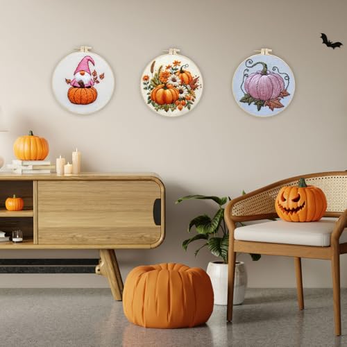 LB Pink Fall Embroidery Kit for Beginners Adults, 3 Sets Hand Embroidery Starter Kit with Gnome Pattern and Instructions Stamped Cross Stitch Kits Include Embroidery Hoop Needles Threads Scissors - color: Orange Pink