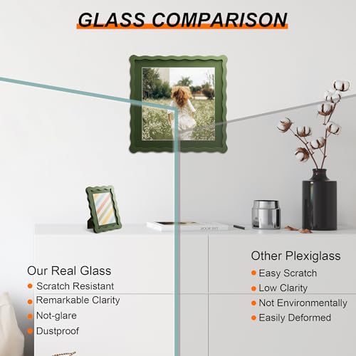 6x6 Picture Frame with Mat for 4x4, Wavy Edge Wooden Real Glass Photo Frame for Tabletop and Wall Hanging, Green, 1 Pack - color: Green, size: 6x6 in