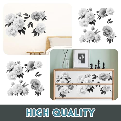 3 Sheet Retro Black and White Peony Flower Furniture Decals, Cabinet Stickers for Dresser Drawer Kitchen Vanity Farmhouse Vinyl Stickers Easy Peel and Stick, Medium Pattern 6"x12" - style: Peony-Black and White