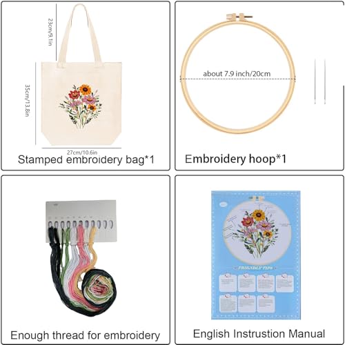 Huacan Embroidery Canvas Bag Kits for Adults Beginner Stamped Flowers Pattern DIY Cross Stitch Printed Flower Stitching Sewing Kit - color: Flower 4