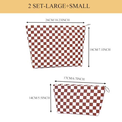 getgto 2 Pcs Makeup Bags, Large Cosmetic Bag Travel Toiletry Bag - color: Brown Checker