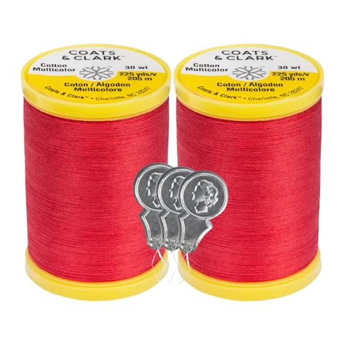 Coats & Clark Cotton All Purpose Sewing Thread 100% Mercerized Cotton 225 Yards Each Spool S970 2 Pack Bundle with 3 Bella's Crafts Needle Threaders (Atom Red) - color: Atom Red