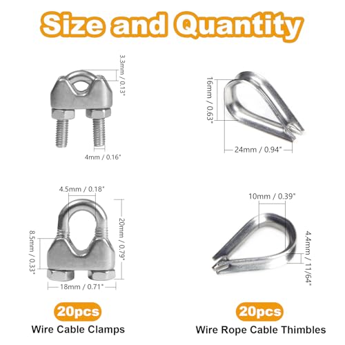 20Pcs 1/8'' M3 Wire Rope Clamps 20Pcs M3 Wire Rope Thimble - size: M3 - 1/8”