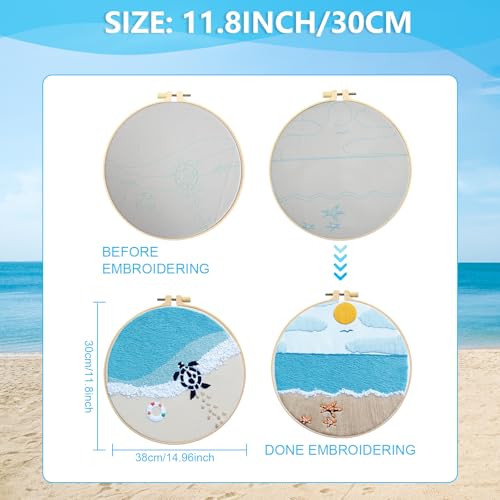 4 Set Ocean Embroidery Kit for Beginners Adults Embroidery Starter Kit Ocean Beach Pattern Spring Summer Hand Crewel Embroidery Kit Cross Stitch Kit Include Instruction 2 Hoops Color Threads Needles - color: Ocean
