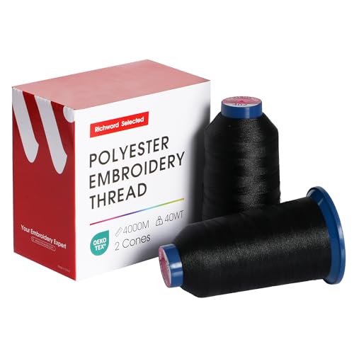 Poolin Embroidery Thread, Huge Spool Richword Selected 2 Rolls Black 4000M(4374Y) 40WT Polyester Thread for All Embroidery Machines - color: 2 Black