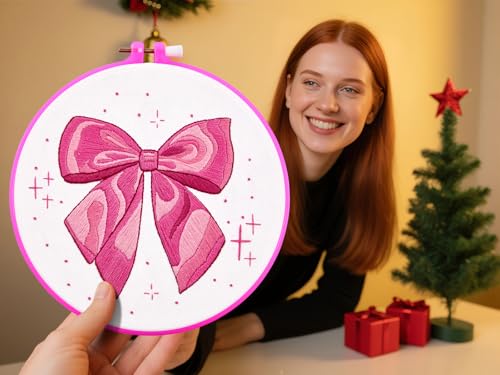 2 Sets Pink Hand Embroidery Kits for Beginners Adults, Cute Bow Embroidery Starter Kits, Cross Stitch Kits for Beginner Needlepoint DIY Kits for Adult, 2 Set Embroidery Hoops, Thread & Video Tutorial - color: Pink