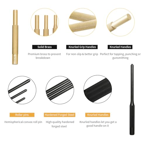 Pin Punch Set, 20pcs Punch Removing Repair Tools, Including Brass Pin Punches, Steel Pin Punches with Storage Pouch&Hammer (Brass+Steel Pin Punches)