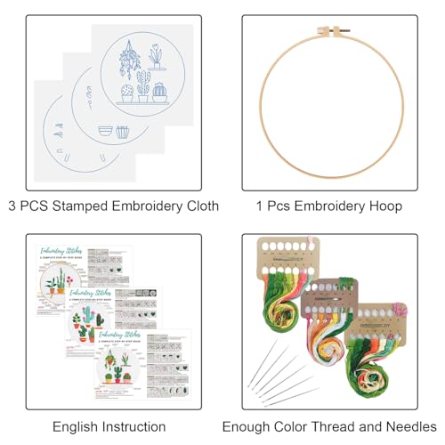 Louise Maelys 3 Pack Cactus Embroidery Kit for Beginners Plant DIY - color: Cactus