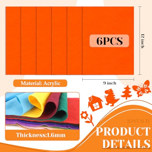 IONTACH 9" X 12" Soft Felt Sheets 1.6mm Thick (6 Packs, Orange) - color: Orange