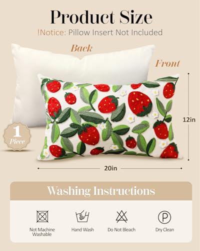 Embroidered Throw Pillow Cover, 20x12 Inch, Strawberry Leaves - color: Leaf Strawberry, size: 20" x 12" (Pack of 1)