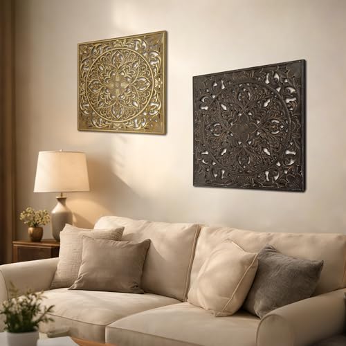 XIAOAIKA Boho Carved Wood Wall Art Panel, Floral Mandala, Distressed Brown - color: Distressed Brown