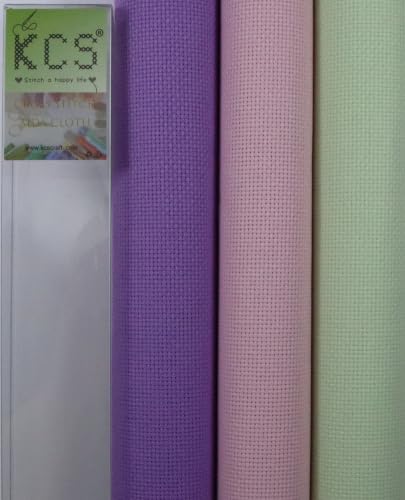 KCS 3 pc of 15" x 18"(38cmx45cm) 16 Count Cross Stitch Cotton Aida Cloth Needlework Rolled Fabric Box,16CT,Lavender+Pink+Light Green - color: Lavender+pink+light Green, size: 16CT