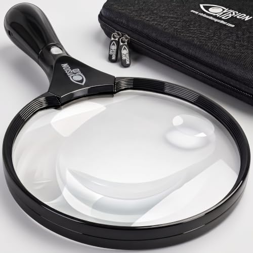 VisionAid Big 5.5" Magnifying Glass with LED Light (USB Rechargeable) and Hard Case — Handheld Illuminated Large Magnifier for Reading — See Fine Print 3 Times Bigger - size: 5.5 inches
