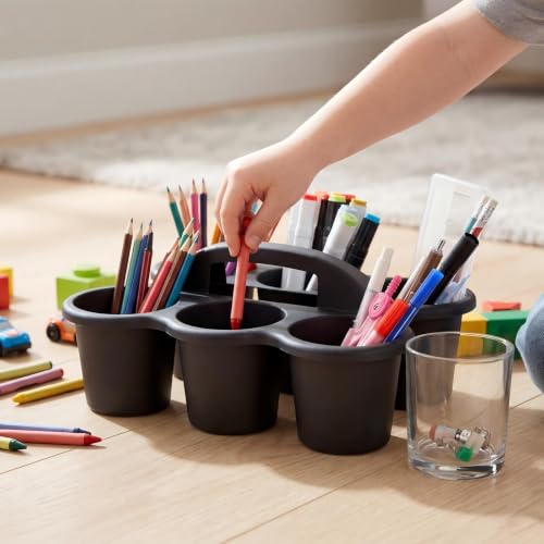 6 Pack 6 Cup Caddy for Classroom Plastic Round Desk Table Caddy, Black - color: Black