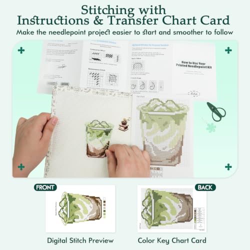 Kaitiaki 18 mesh Needlepoint Canvas Kit, 8 in Painted Canvas Set with Embroidery Floss, Needles, Guide Card, Instruction, Threader, Scissors & Project Bag for Crafter Gift(Matcha) - color: Matcha Latte, size: 18 mesh