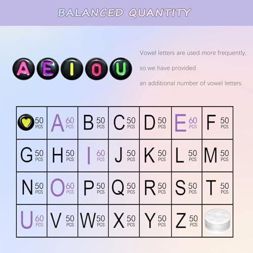 Amaney 1400pcs Colorful Letter Beads Round Alphabet A-Z Heart 4x7mm Black Acrylic Beads and Crystal Line for Jewelry Making - color: Black&Colourful, size: 7x4mm