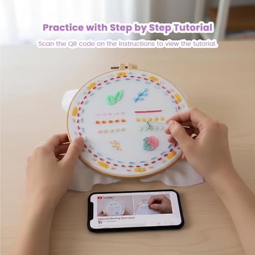 Huacan Bead Embroidery Kit for Beginners 3 Sets, Bead Embroidery Kit with Step by Step Stitch Video & Instructions, Three-Dimensional Starter Embroidery Set with 19 Stitches for Gift