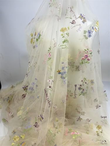 Elegant White Lace Fabric Tulle Fabric by Yard Colorful Floral Embroidery, 35x51in - Soft Tulle for DIY Dresses & Wedding Gowns, Hand Wash Only (Apricot, 3 Yard（105 x51in）) - color: Apricot, size: 3 yard（105 x51in）