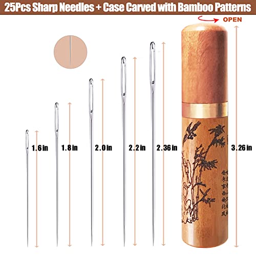 Large Eye Sewing Needles, Embroidery Needles, Stainless Steel, 25 Pieces Sharp Needles with Wooden Needle Case Carving Pattern - style: Contemporary