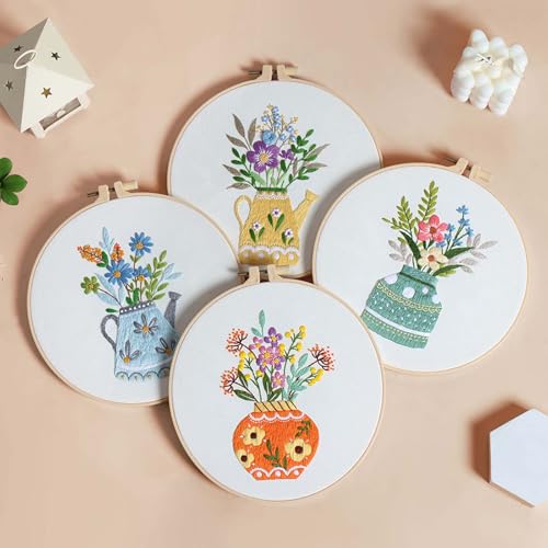 GLTAYLMY 3pcs Embroidery Starter Kit with Vase Pattern, Stamped Cross Stitch Kits for Beginners Adults with Embroidery Hoop and Instructions, Hand Embroidery Kit - color: Floral456