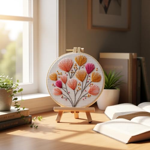 JJFox Embroidery Kit for Beginners and Adults, DIY Hand Embroidery Starter Kit with Cute Pattern, Cross Stitch Needlepoint Set with Hoop, Threads and Instructions (Flower-2) - color: Flower-2