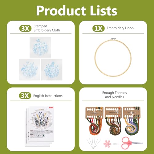 Santune 3 Pack Embroidery Kit for Beginners, Needlepoint Cross Stitch Kits for Adults,Needle Point Sets with Stamped Wild Flower Pattern Stitch Video Tutorial - color: Wild Flower Patterns