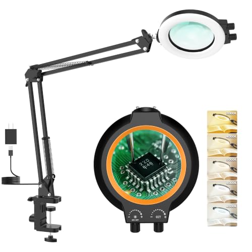 12X Magnifying Glass with Light and Stand Hands Free, Long Swing Arm Desk Magnifying Light with Clamp for Close Work, Dimmable Lighted Magnifier Lamp for Soldering Craft Jewelry Bench Sewing