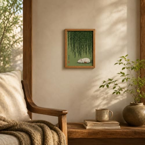 Wood Framed Japanese Vintage Sleeping Cat Wall Art for Bathroom Wall Decor - color: Japanese Cat, size: 16"L x 12"W