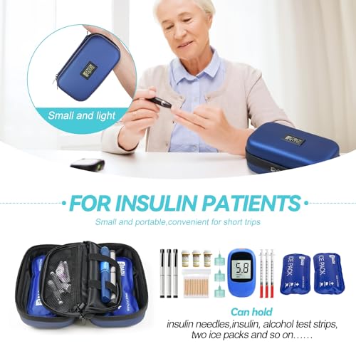 Gosemai Insulin Cooler Travel Case TSA Approved 2*180g IcePack Temp Display - color: Blue
