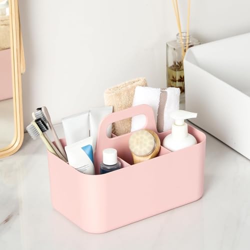 Multiuse Caddy Organizer with Handle, Portable Divided Plastic Tote Bin - Art Craft, Stationary Pen Marker Crayons, Makeup Hair Supplies Storage - Bathroom, Classroom, Dorm, Office, Desk Holder - Pink - color: Pink