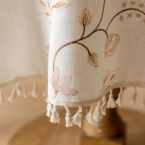 Joyfol Day Rustic Round Table Cloth, Heavy Duty Linen Florals Embroidery Tablecloths, Farmhouse Waterproof Tablecloth, Wrinkle Free Table Cover with Tassels, Coffee Berry, 55 inch - color: Coffee Berry, size: 55" (Round)