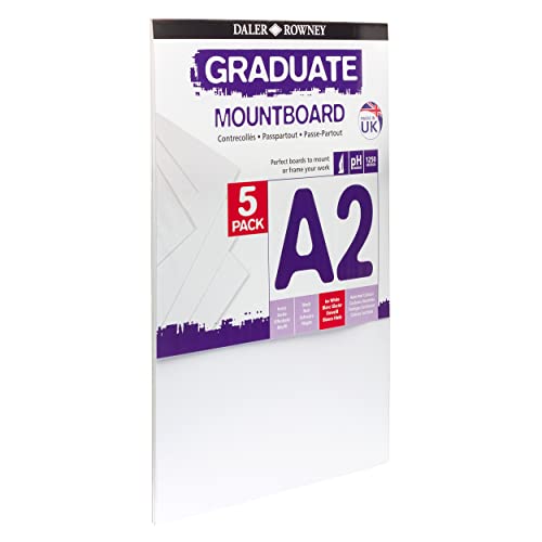 Daler-Rowney Graduate Cream Core A2 Mountboard Pack, 5 x Ice White Smooth Surface, 1.25mm Thick, Ideal for Student Artists - size: A2, style: A2 MOUNTBOARD 5 PACK ICE WHITE