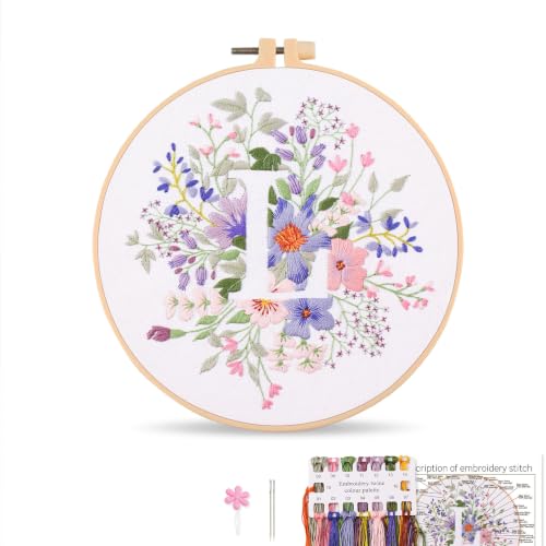 Harimau Letter L Pattern Embroidery Kit for Adult Beginners, Complete Starter Pack with 1 Hoop, Needles, Instruction Guide & Embroidery Stitch Video Tutorials - color: L