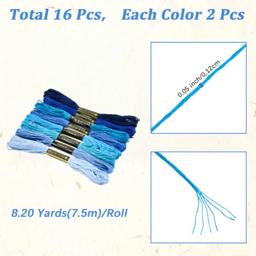 16 Skeins 131 Yards Embroidery Thread Friendship Bracelets String Cross Stitch Threads Cotton Floss Yarn 6 Ply 1.2mm for DIY Making Sewing Needlework Knitting Stitching Craft Supply Blue - color: Blue