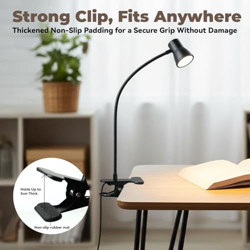 Eye-Caring Clip On Desk Lamp, 3 Color Modes & 10 Brightness LED Reading Light with Clamp, 360° Rotatable Gooseneck Reading Light, Portable Clamp Lamp for Bedroom, Office and Study (Black-Small)