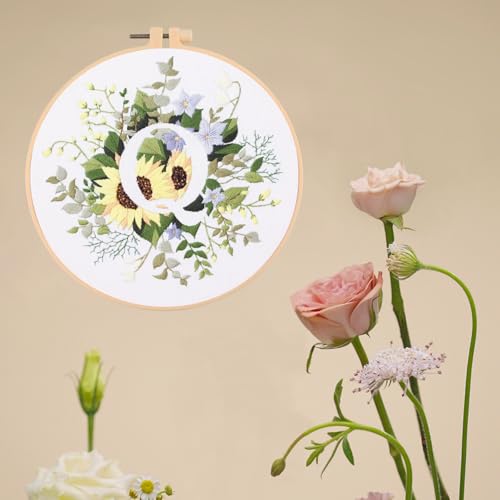 IUHUI Embroidery Kit for Beginners Adults - 26 Floral Letters Easy Patterns, DIY Hand Stitching Embroidery Set with Hoop (Flower and Grass Letter Q) - color: Flower and Grass Letter Q