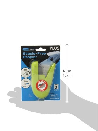 Plus Paper Clinch Compact Staple-Free Stapler, Heavy Duty, Green - color: Green