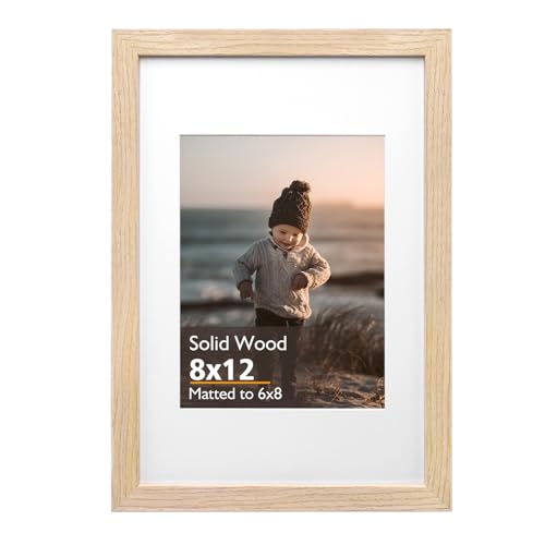 KINLINK 8x12 Picture Frame, Natural Solid Wood Frame with Acrylic Plexiglass for Pictures 6x8 with Mat or 8x12 without Mat, Tabletop and Wall Mounting Display Photo Frame 1 Pack - color: Natural, size: 8x12