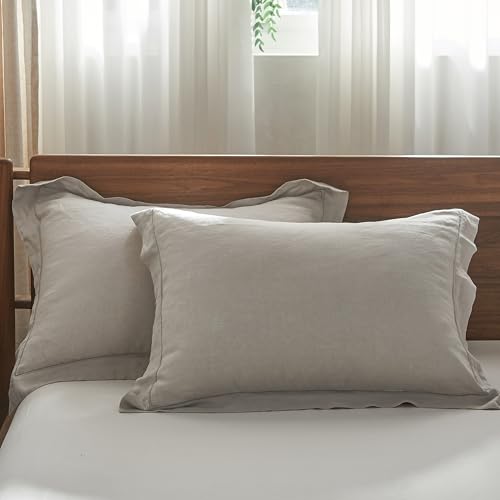 Simple&Opulence 100% French Linen Pillowcases with Embroidery – Pack of 2, Washed Solid Color Natural Flax, Soft & Breathable - Light Grey, 20'' x 36'' - color: Light Grey, size: King
