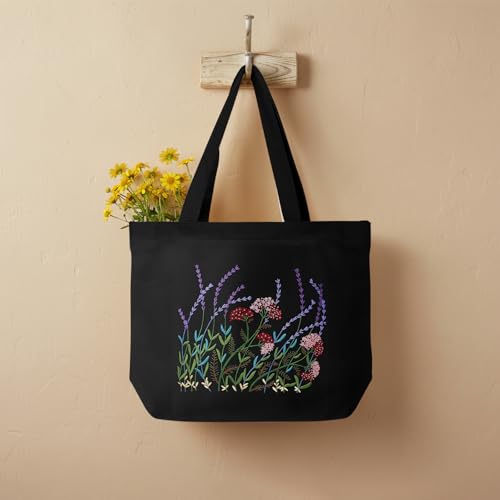 ERKOON Canvas Tote Bag Embroidery Kit for Beginners, Floral Arts Crafts Cross Stitch Kits for Adults Including Stamped Embroidery Bag with Hoops, Needle, Instruction and Color Threads (Lavender) - color: Lavender