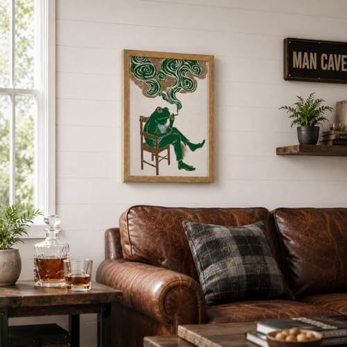 Framed Funny Smoking Frog Canvas Wall Art for Bathroom Men's Cave Decor - color: Frog Smoking, size: 16"L x 12"W