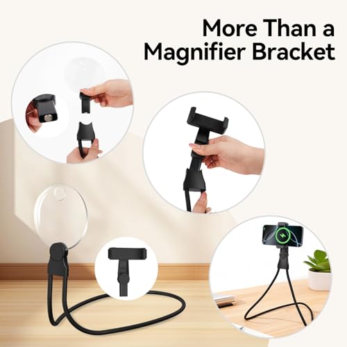 2 in 1 Hands Free Magnifying Glass, Desktop Cell Phone Stand, 10X 20X Magnifying Glass for Reading, Flexible Lazy Bracket DIY Free Rotating on Table, for Sewing, Cross-Stitching
