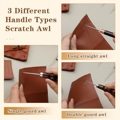 ZXIIXZ 3 Pack Leather Scratch Awls Tool, Wooden Handle Sewing Awl - color: 3 Pcs Wooden Brown
