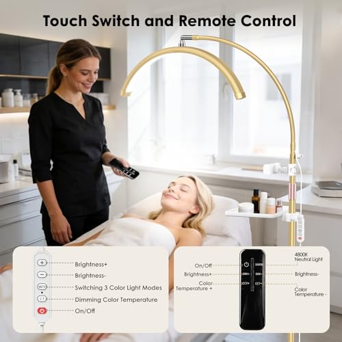 Lash Light, 2500LM Half Moon Light with Tool Tray, 2X Magnifier, Phone Holder for Nail Art, Tattoo, Eyelash Extension, SPA Lighting, Floor Esthetician Lamp with Color & Brightness Adjustment - color: Golden