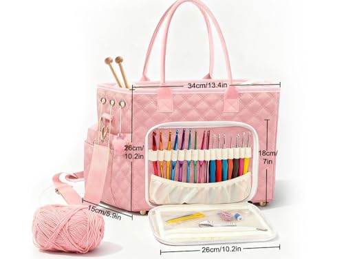 Crochet Bag Yarn Storage, Large Knitting Tote with Padded Crochet Hook Organizer, Tote with Multiple Compartments for Crochet Lovers, Knitting Accessories - color: Pink