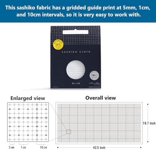 Sashiko kit, Daruma Sashiko Thread, Needles and Cotton Fabric with Grid Line Print, Marking Pencil, Thimblem and Traditional Design Sewing Set (Unbleached Thread/Navy Fabric) - style: Unbleached Thread / Navy Fabric