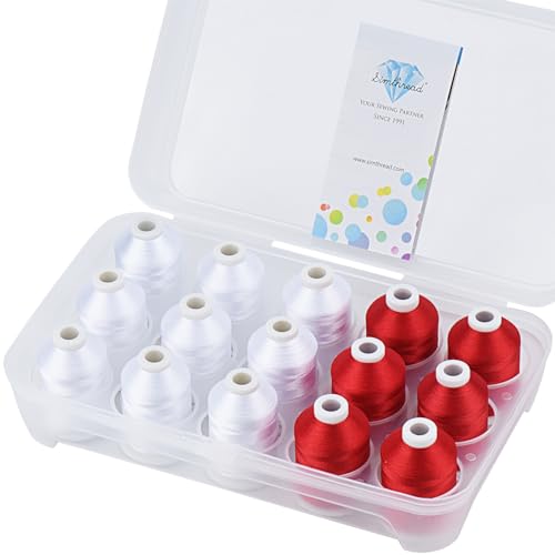 Simthread Machine Embroidery Thread 1000M White 001 + Red 800, with Storage Box Polyester 15 Spools Set for Embroidery Quilting Machine - color: 9White+6Red