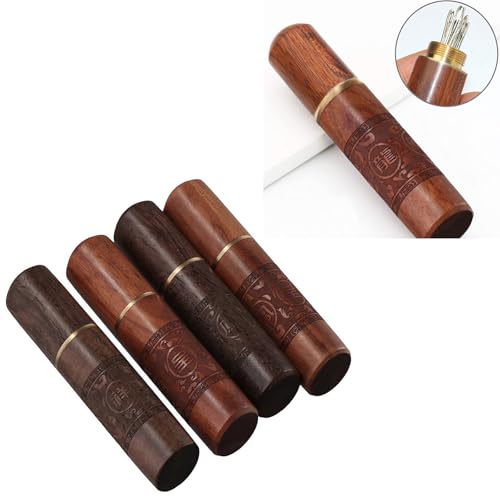 Uniquer 4 Pieces Wooden Sewing Needles Holder Set Retro Engraving Printed Needle Storage Case Box for DIY Sewing Craft Accessories