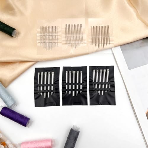 6PCS Gold Self-Threading Sewing Needles Set with Storage Small Packaging, Easy Thread Double-Eye Stainless Steel Hand Sewing & Embroidery Needles ﻿
